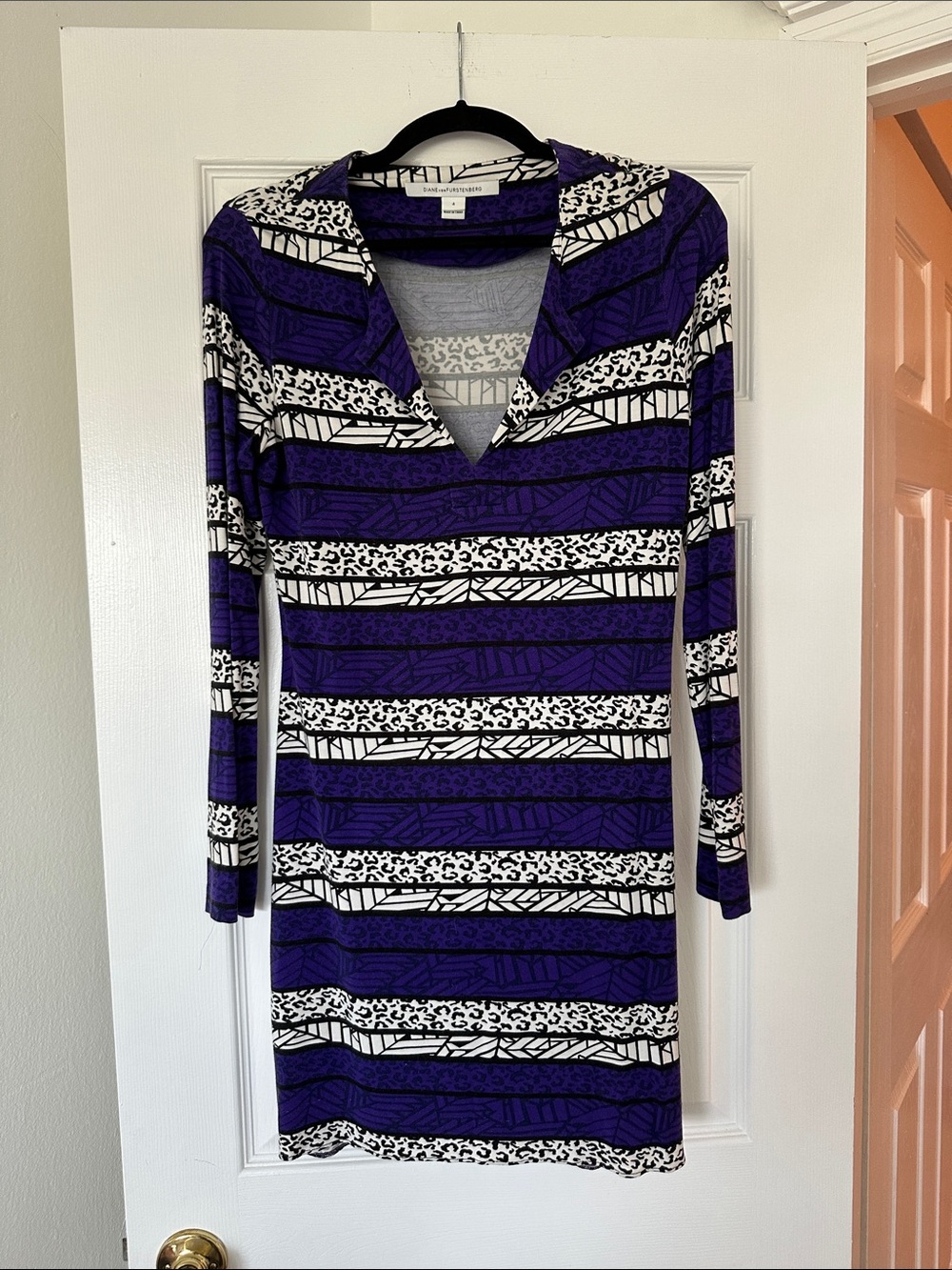 Diane Von Furstenberg Purple and White Striped V-Neck Mini Dress